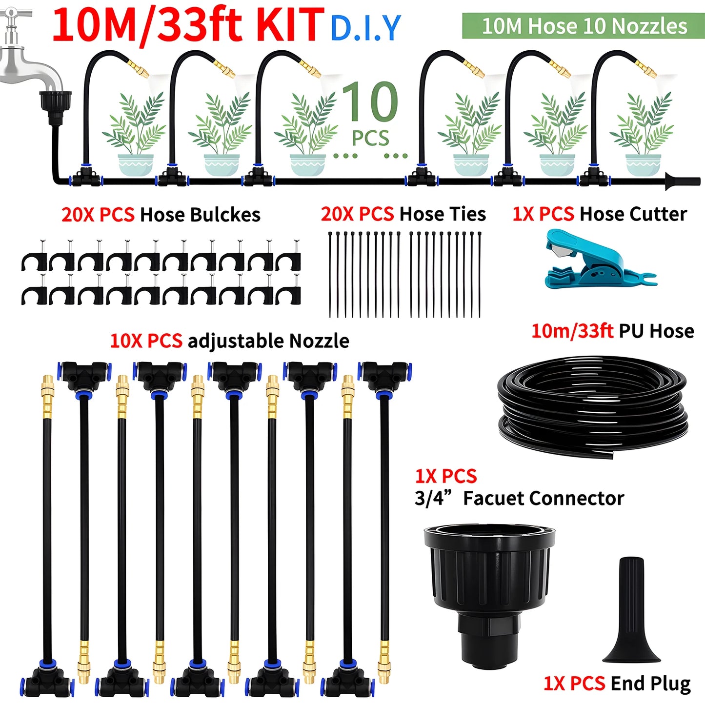 Flexible Garden Irrigation and Misting Spray Kit, Adjustable Copper Nozzle for Plants and Greenhouses