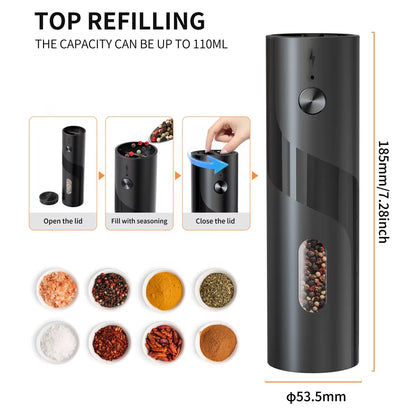 Rechargeable Electric Salt and Pepper Grinder with Adjustable Ceramic Burr and LED