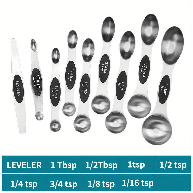 9-Piece Stainless Steel Double-Headed Magnetic Measuring Spoon Set for Cooking and Baking