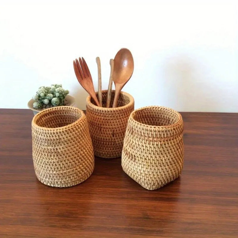 Handwoven Rattan Utensil Storage Basket