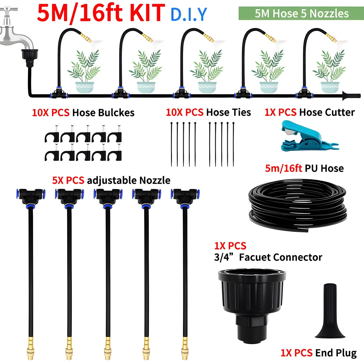Flexible Garden Irrigation and Misting Spray Kit, Adjustable Copper Nozzle for Plants and Greenhouses