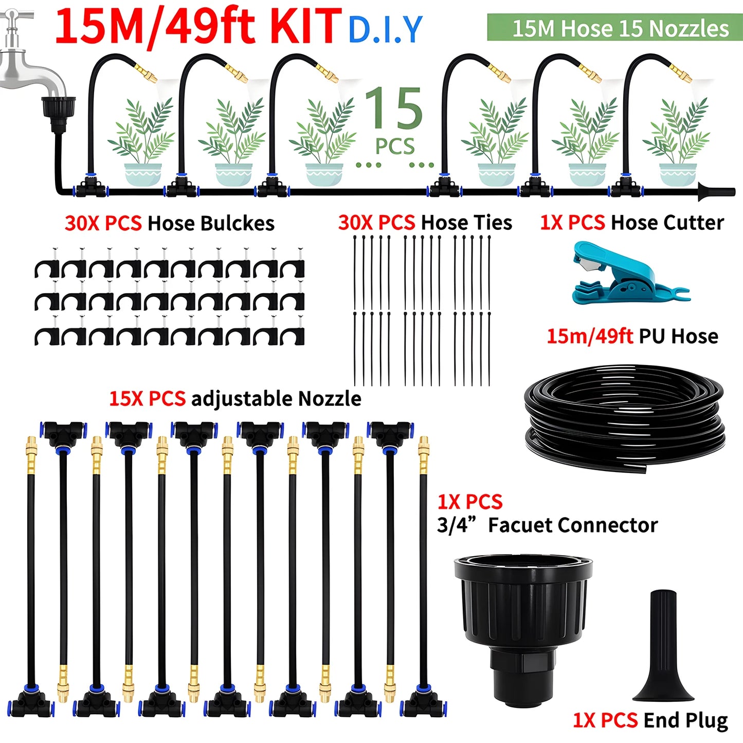 Flexible Garden Irrigation and Misting Spray Kit, Adjustable Copper Nozzle for Plants and Greenhouses