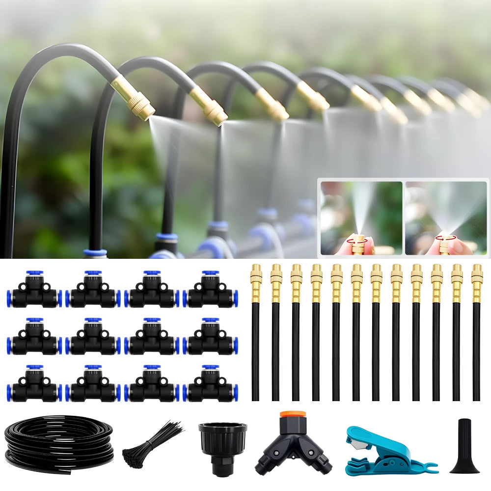 Flexible Garden Irrigation and Misting Spray Kit, Adjustable Copper Nozzle for Plants and Greenhouses