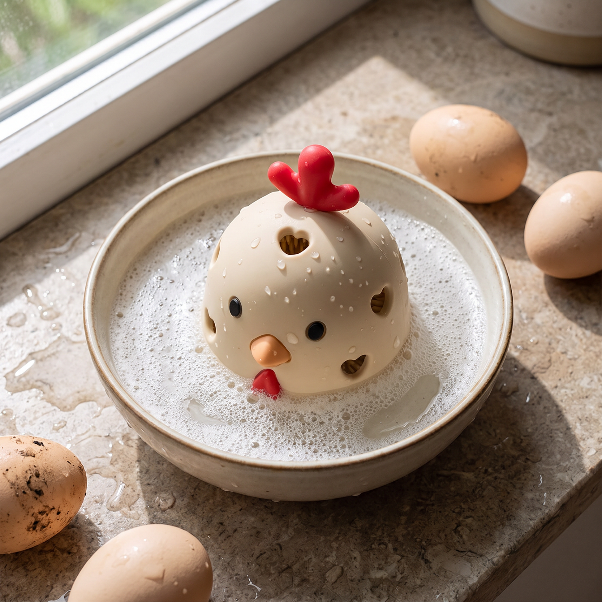Egg brush in a bowl of water