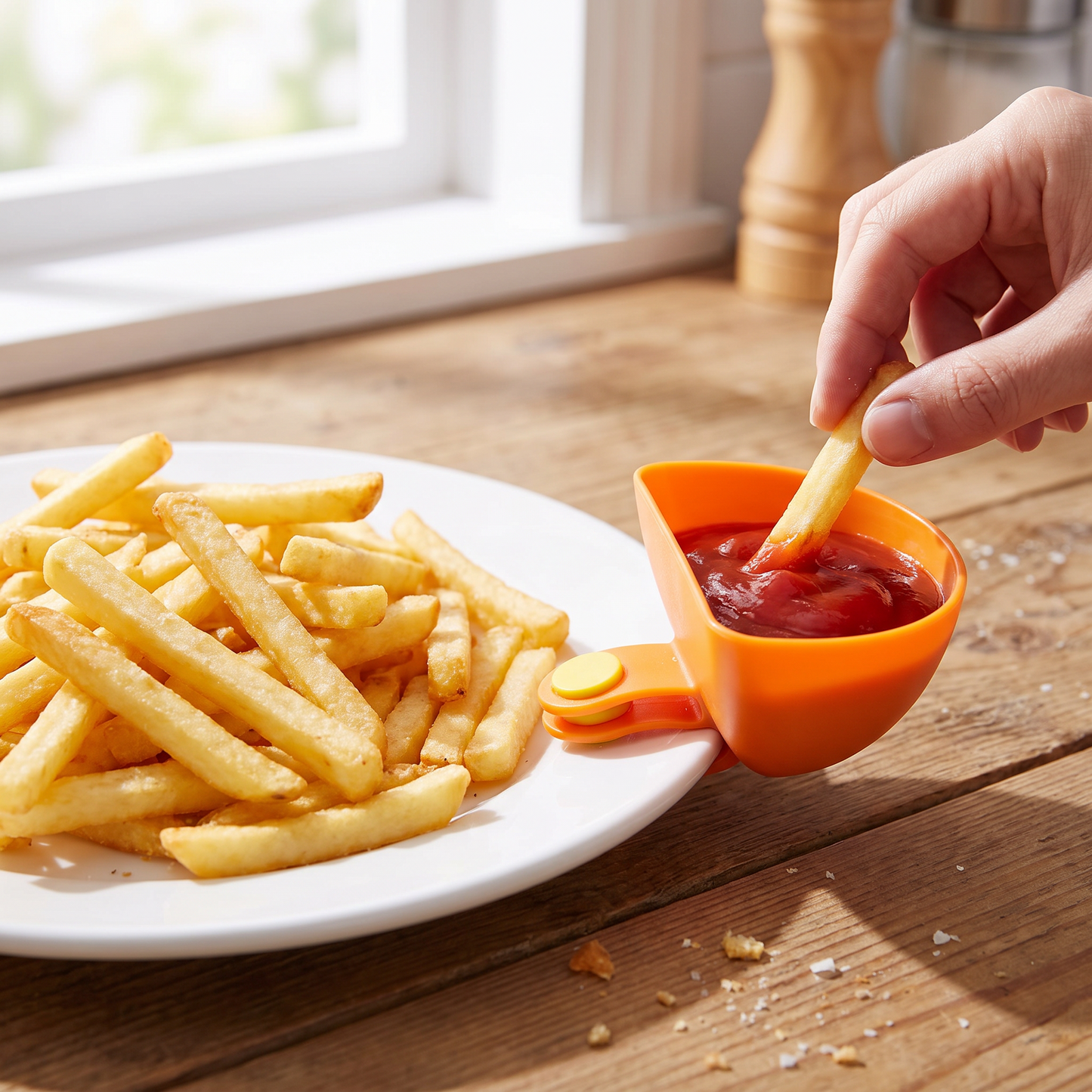 Fries with ketchup in a clip-on bowl