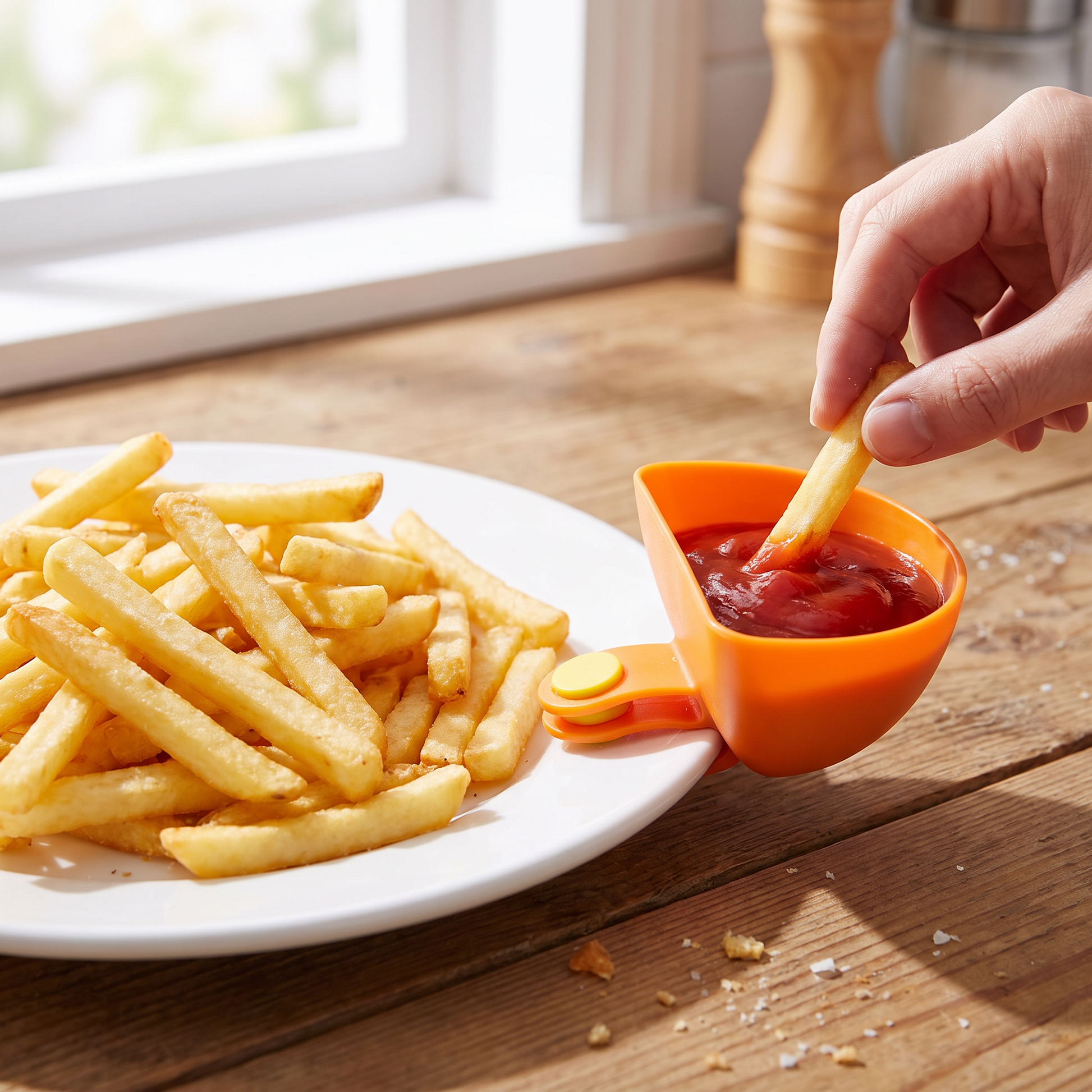 Fries with ketchup in a clip-on bowl