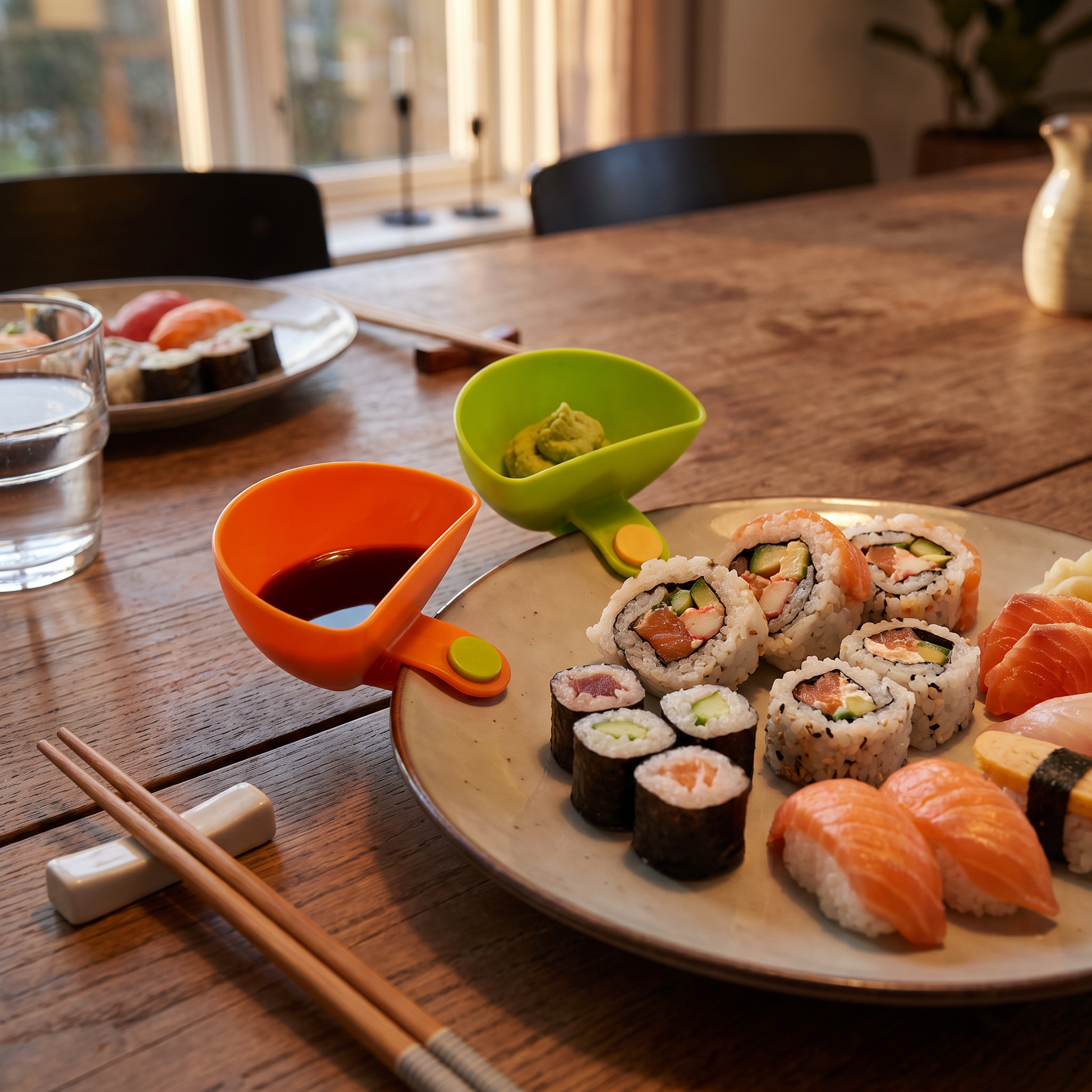 Clip-on sauce bowls with sushi