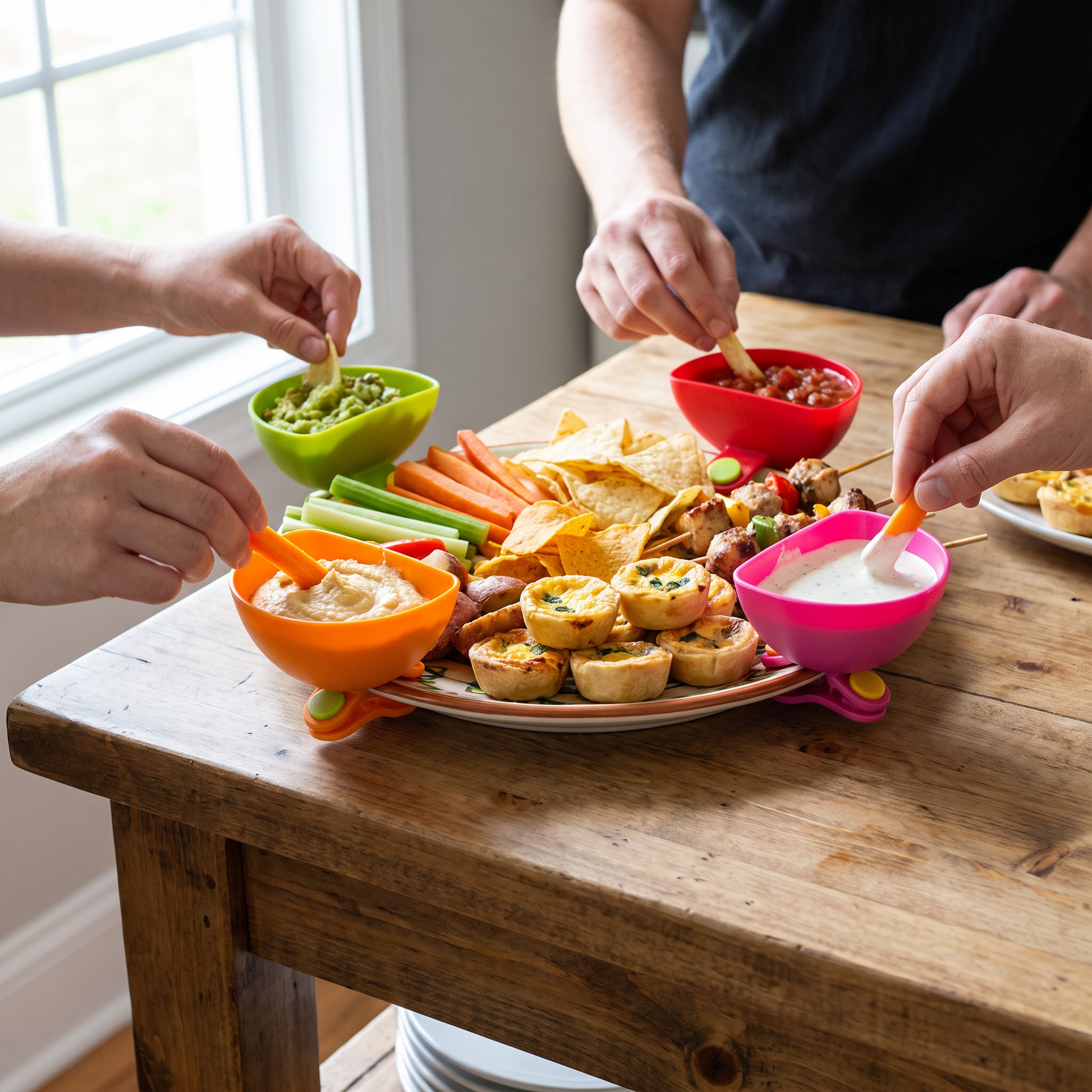 Appetizer platter with clip-on dip bowls