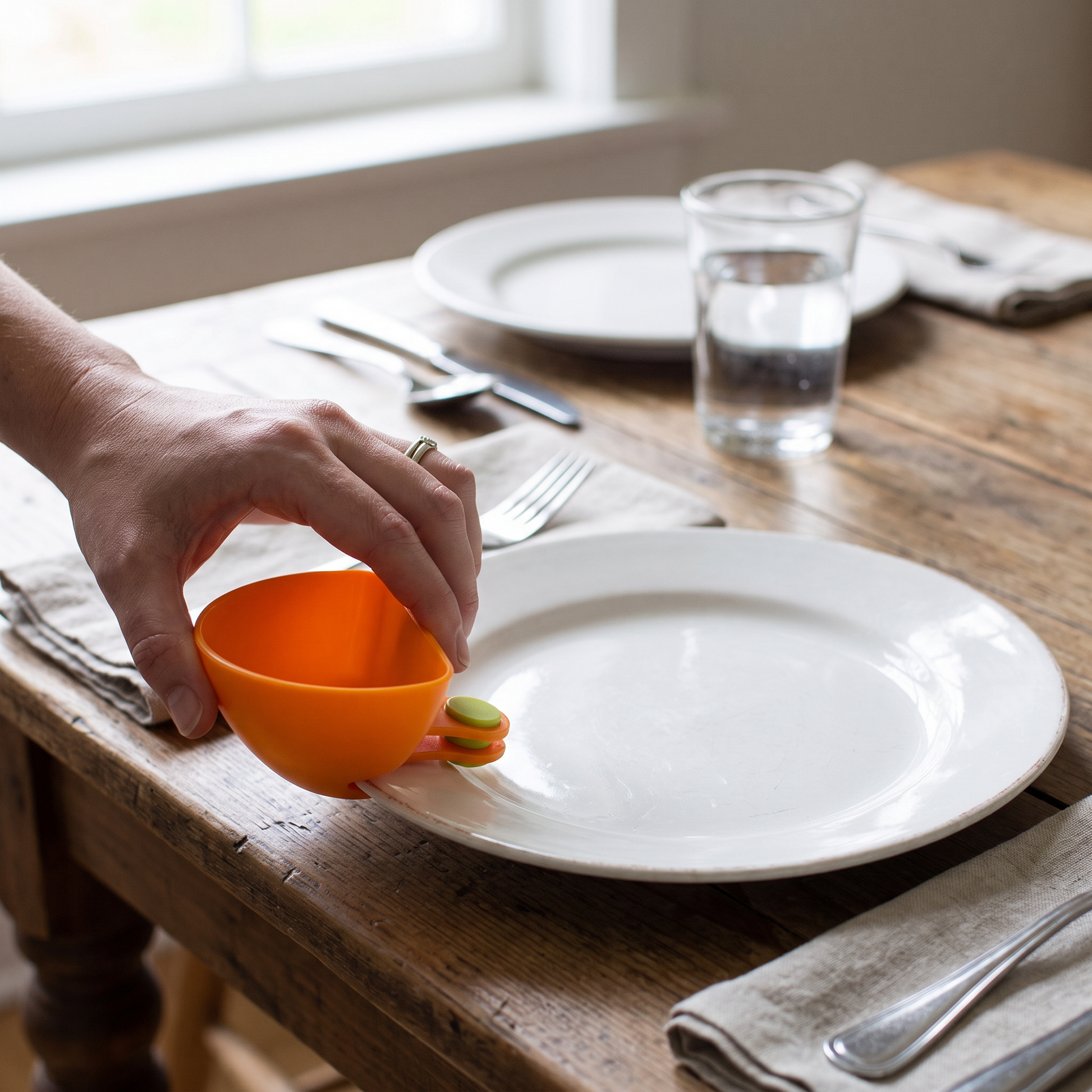 Clipping a sauce bowl onto a plate