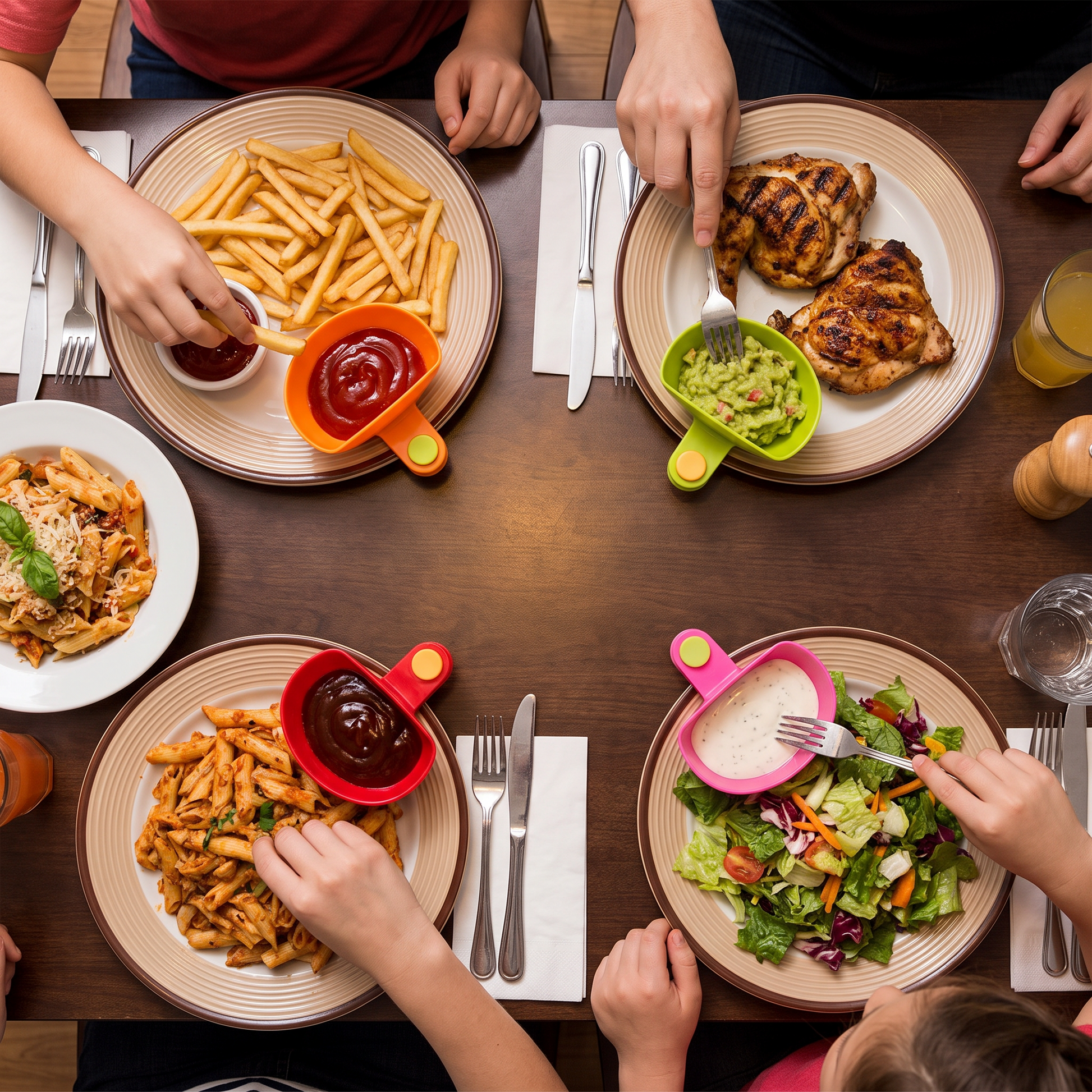 Family dinner table with clip-on sauce bowls