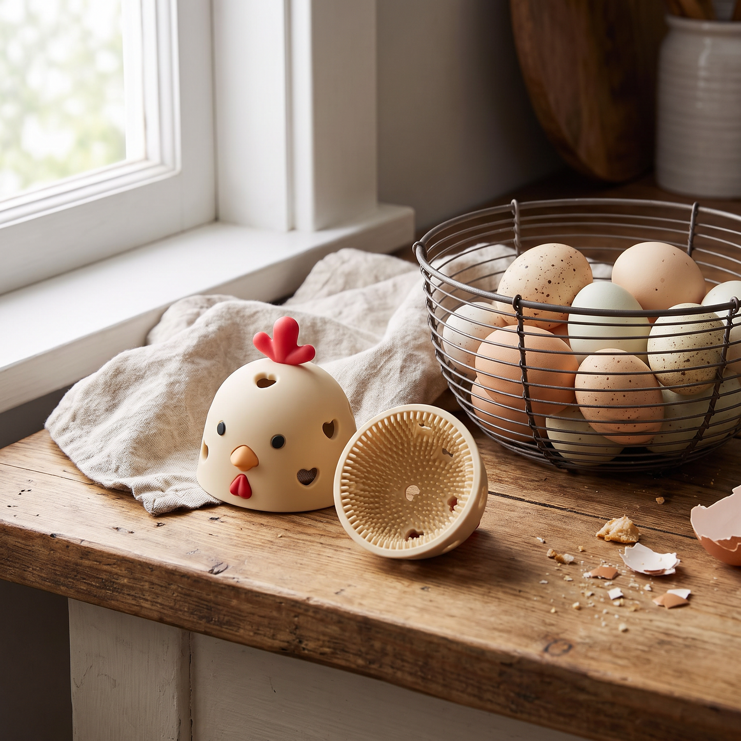 Egg brush on counter with fresh eggs