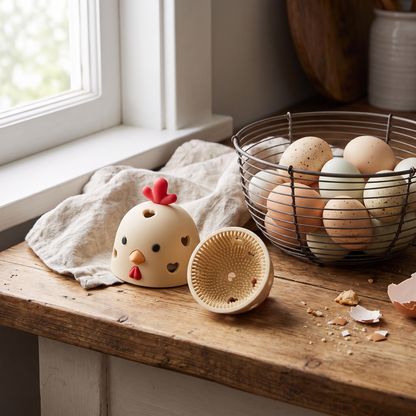 Egg brush on counter with fresh eggs