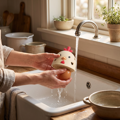 Silicone egg cleaning brush in use