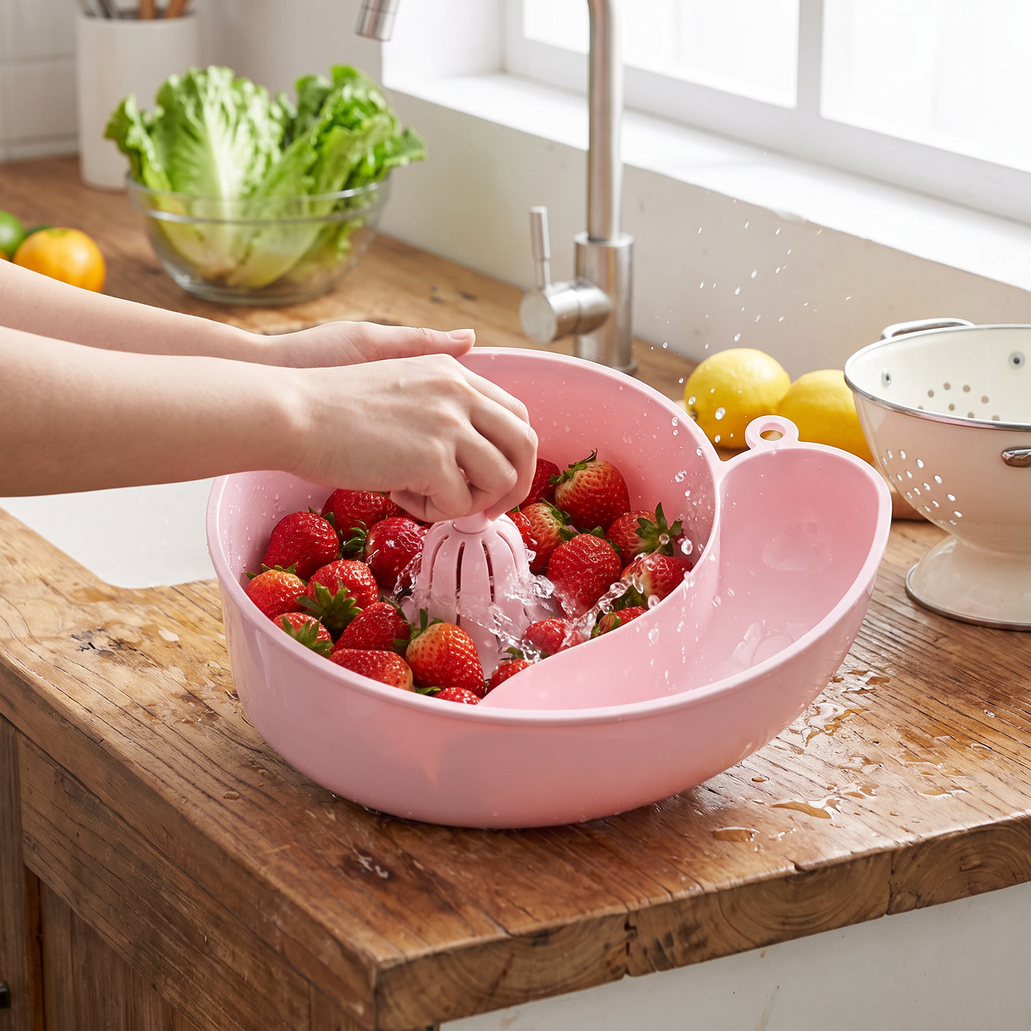 Rinsing strawberries in the rotating basket