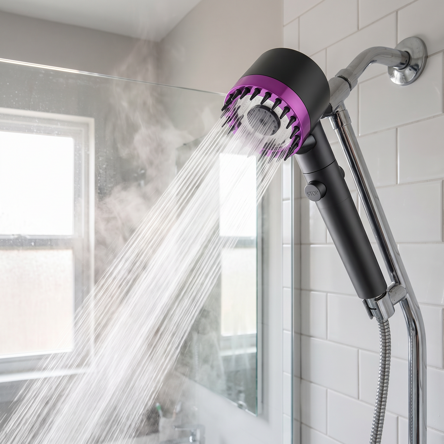 Filtered shower head in a modern bathroom