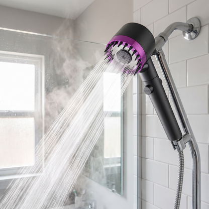 Filtered shower head in a modern bathroom