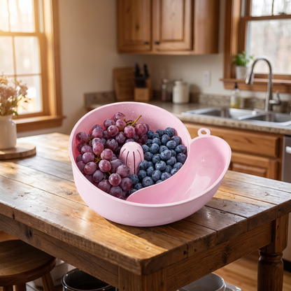 Washing basket with grapes on a kitchen island