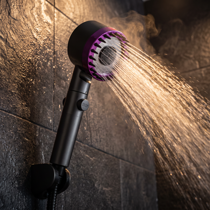 Backlit water spray in a dark tiled shower