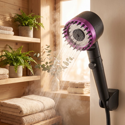 Shower head in a spa-style bathroom