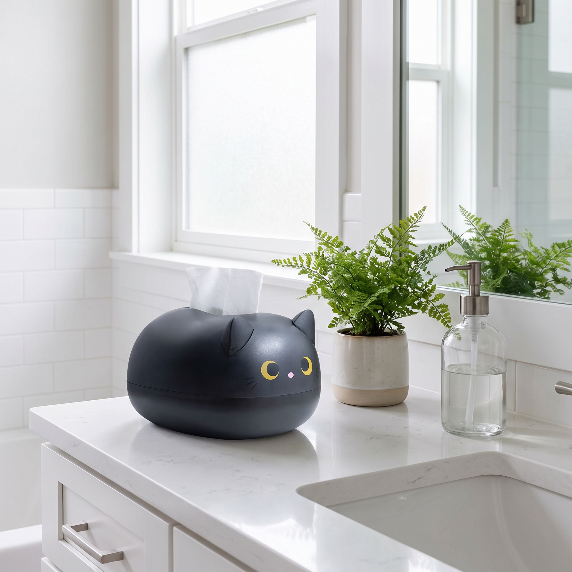 Cat tissue holder on a bathroom vanity
