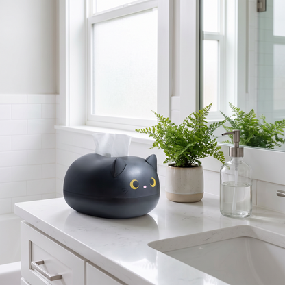 Cat tissue holder on a bathroom vanity