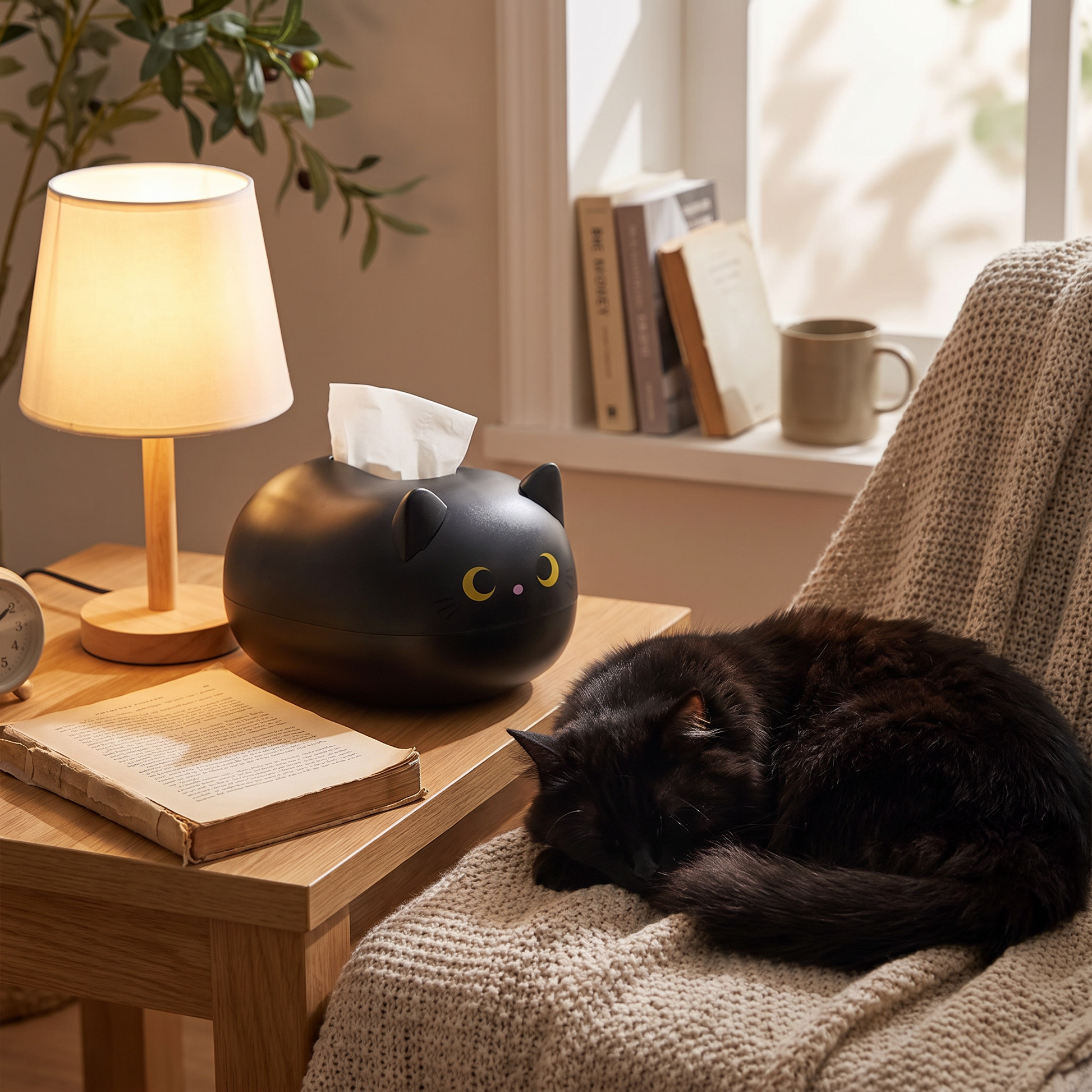 Cat tissue box holder on a living room table
