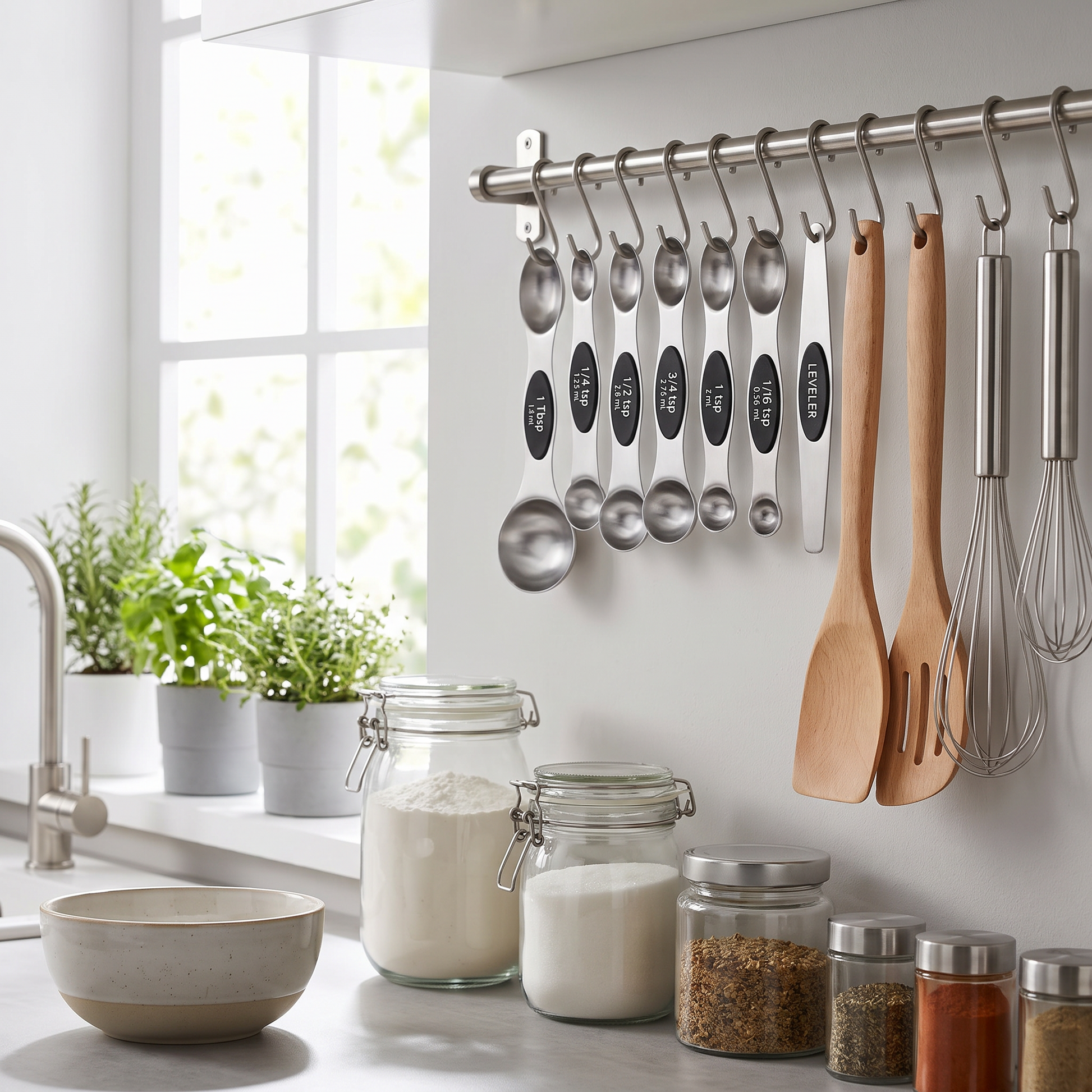 Measuring spoons hanging on a kitchen rail