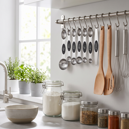 Measuring spoons hanging on a kitchen rail