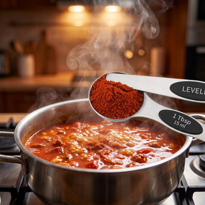 Measuring spice over a simmering pot