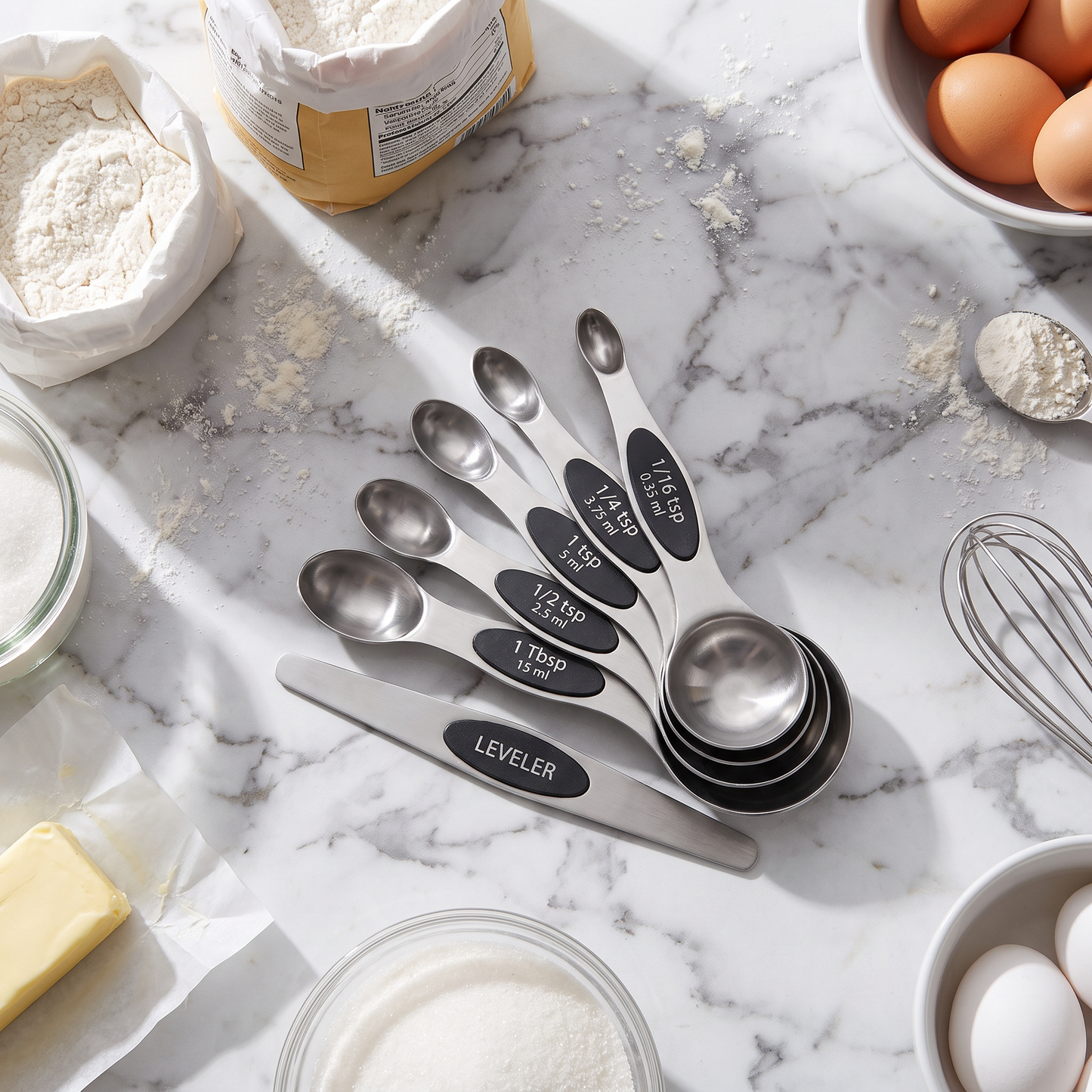 Magnetic measuring spoons stacked on a counter