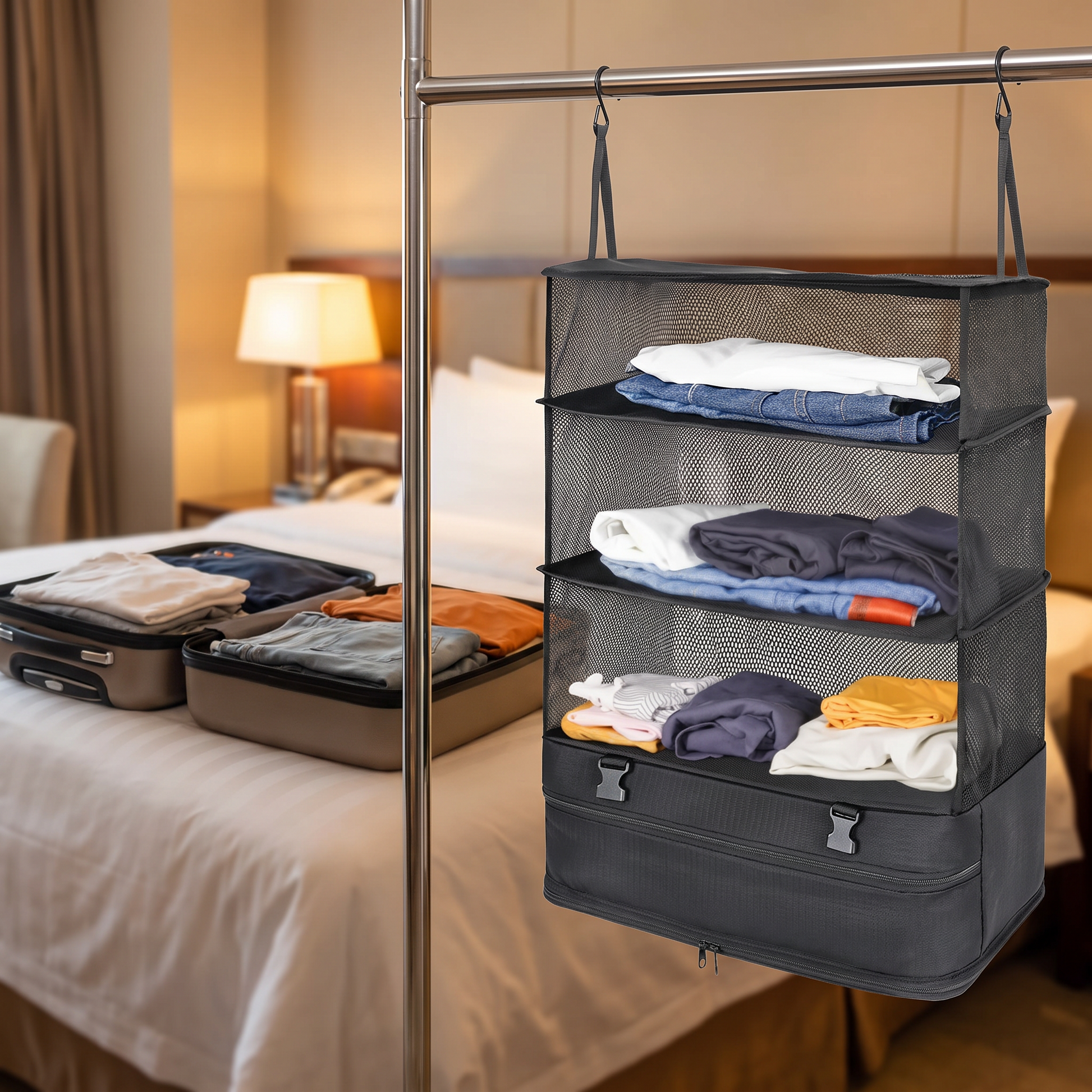 Travel organizer hanging in a hotel wardrobe