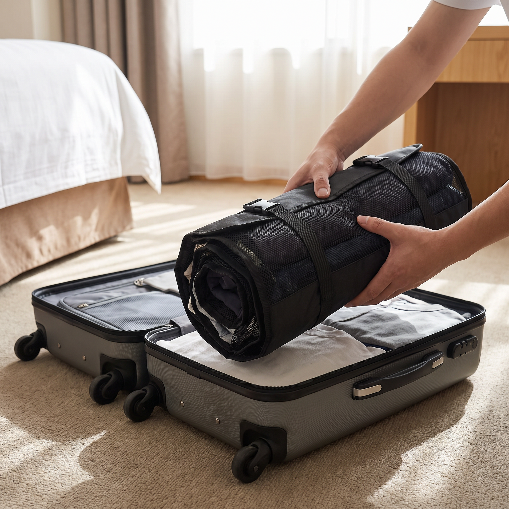 Rolled organizer going into a carry-on