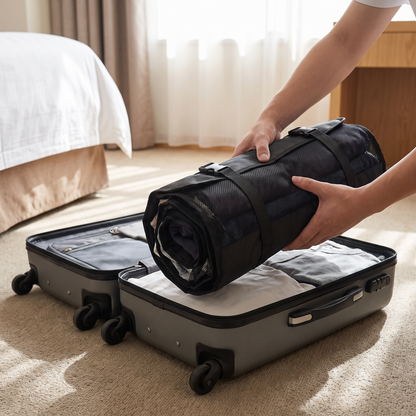 Rolled organizer going into a carry-on