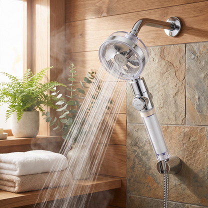 Shower head in a spa-style bathroom
