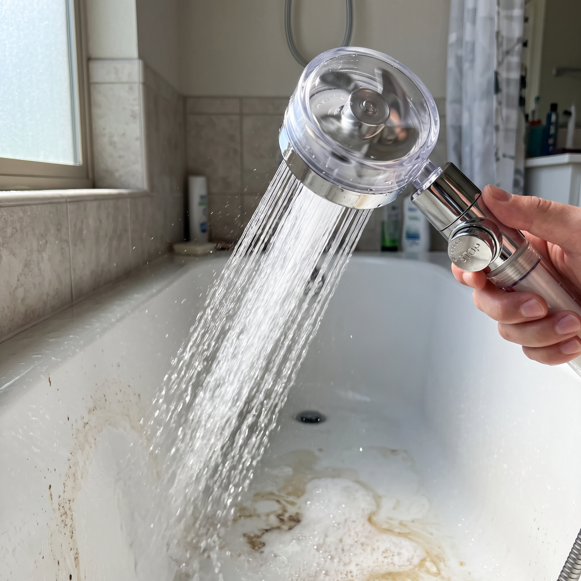 Rinsing a bathtub with the shower head