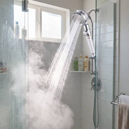Turbo shower head running in a modern bathroom