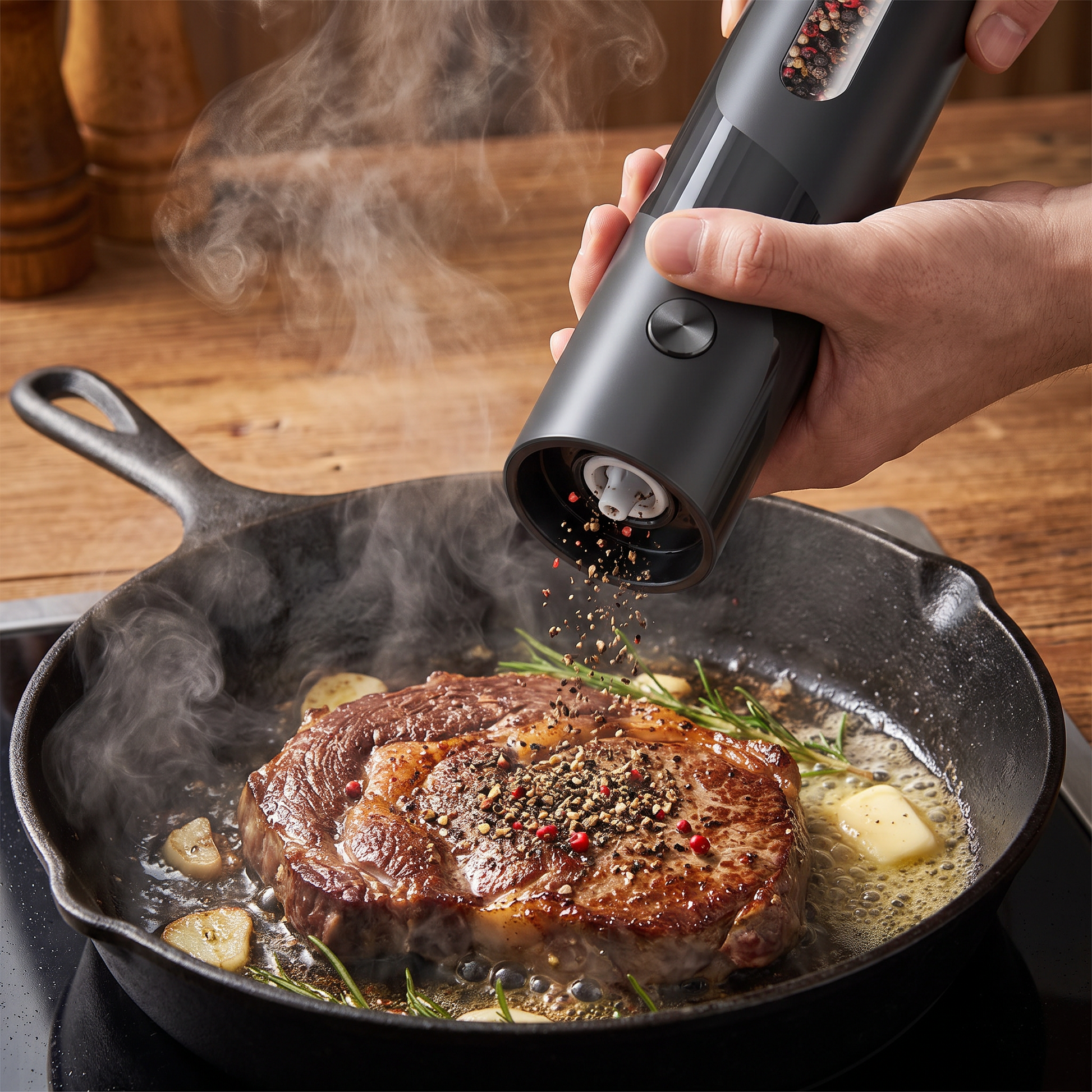 Grinding pepper over a steak