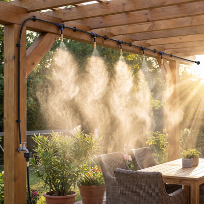 Patio misting system cooling a seating area