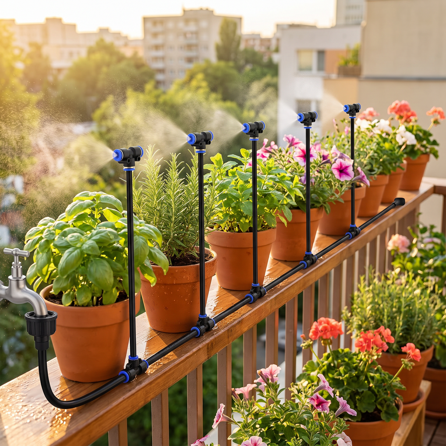 Watering balcony herbs and flowers