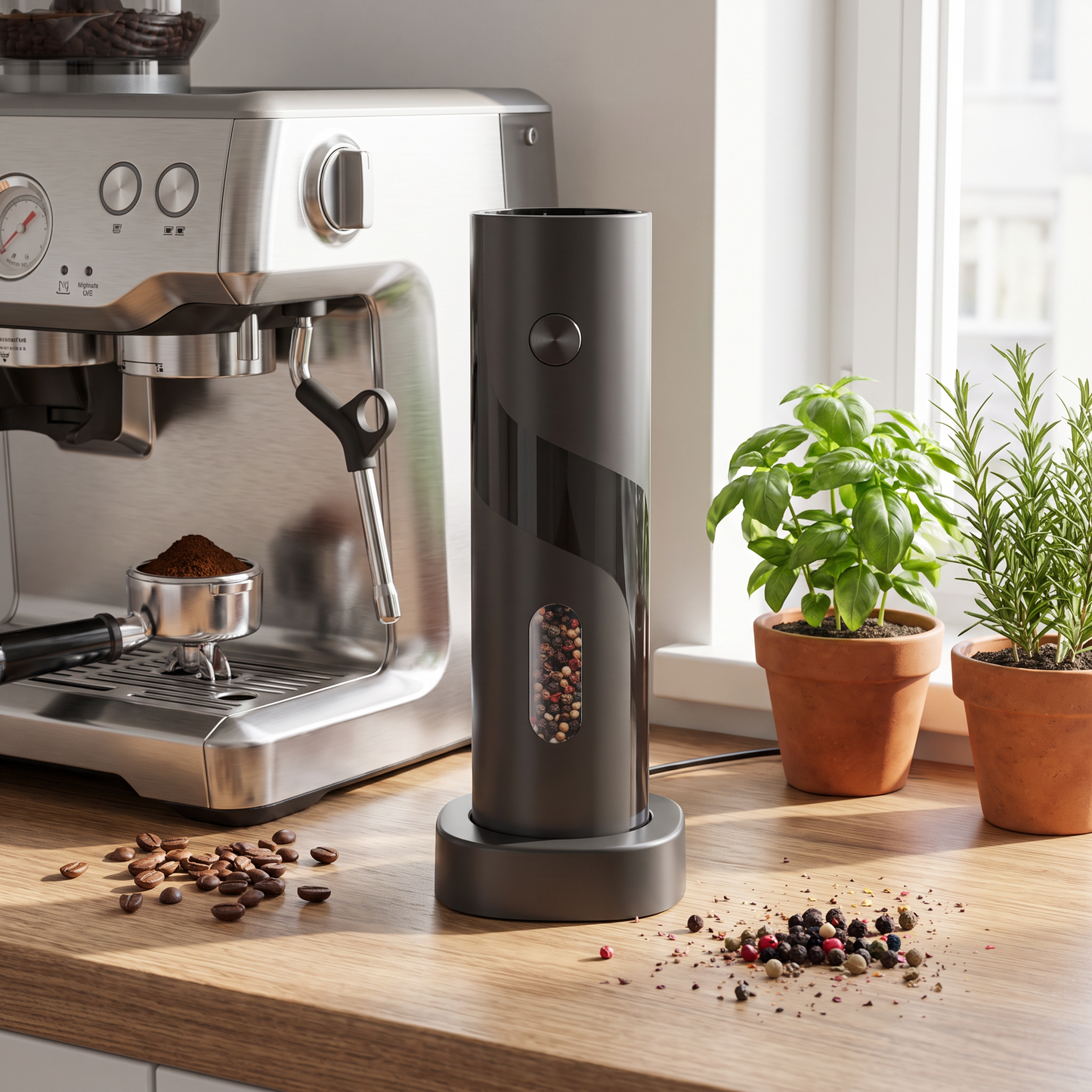 Grinder on its charging base