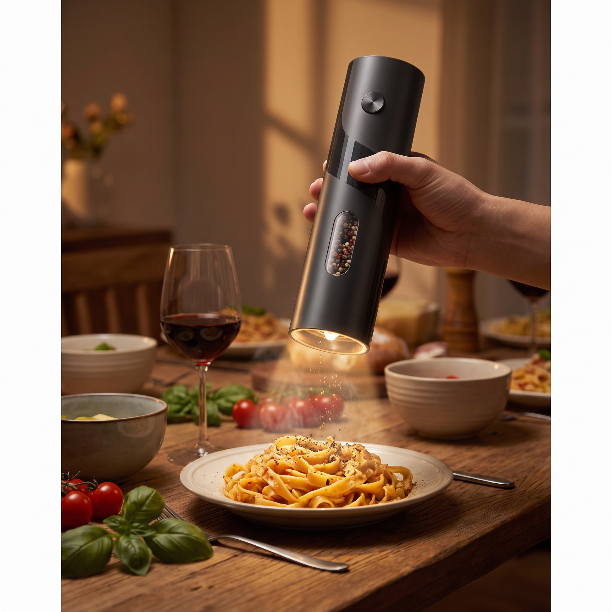 Electric grinder in use over a plate of pasta