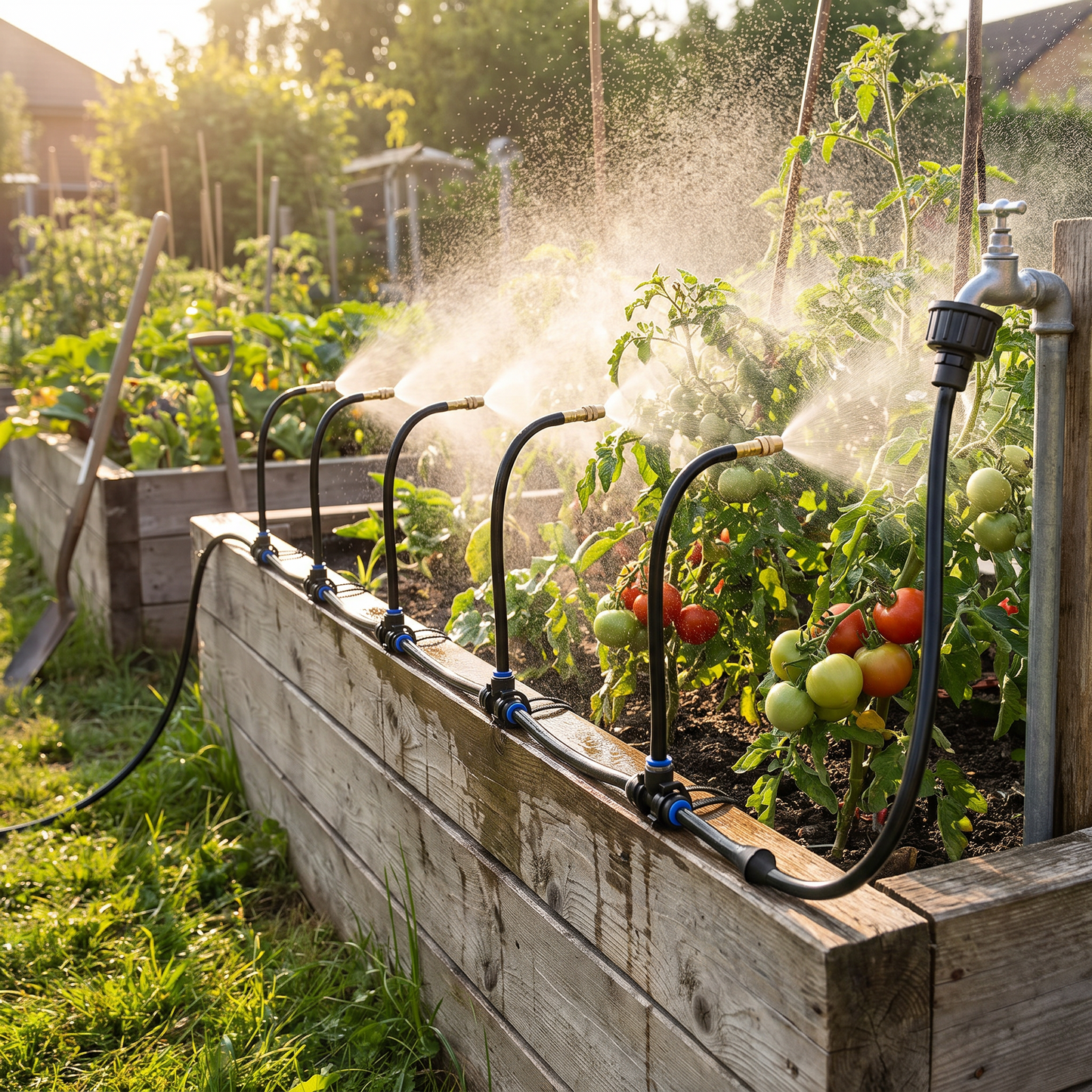 Misting kit watering a raised vegetable bed