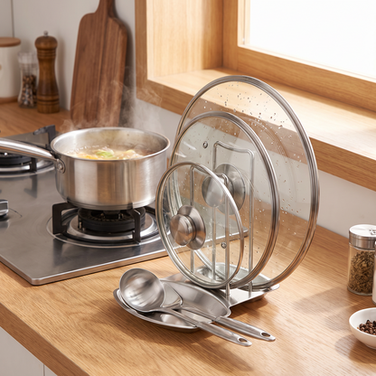 Organizer beside the stove holding lids