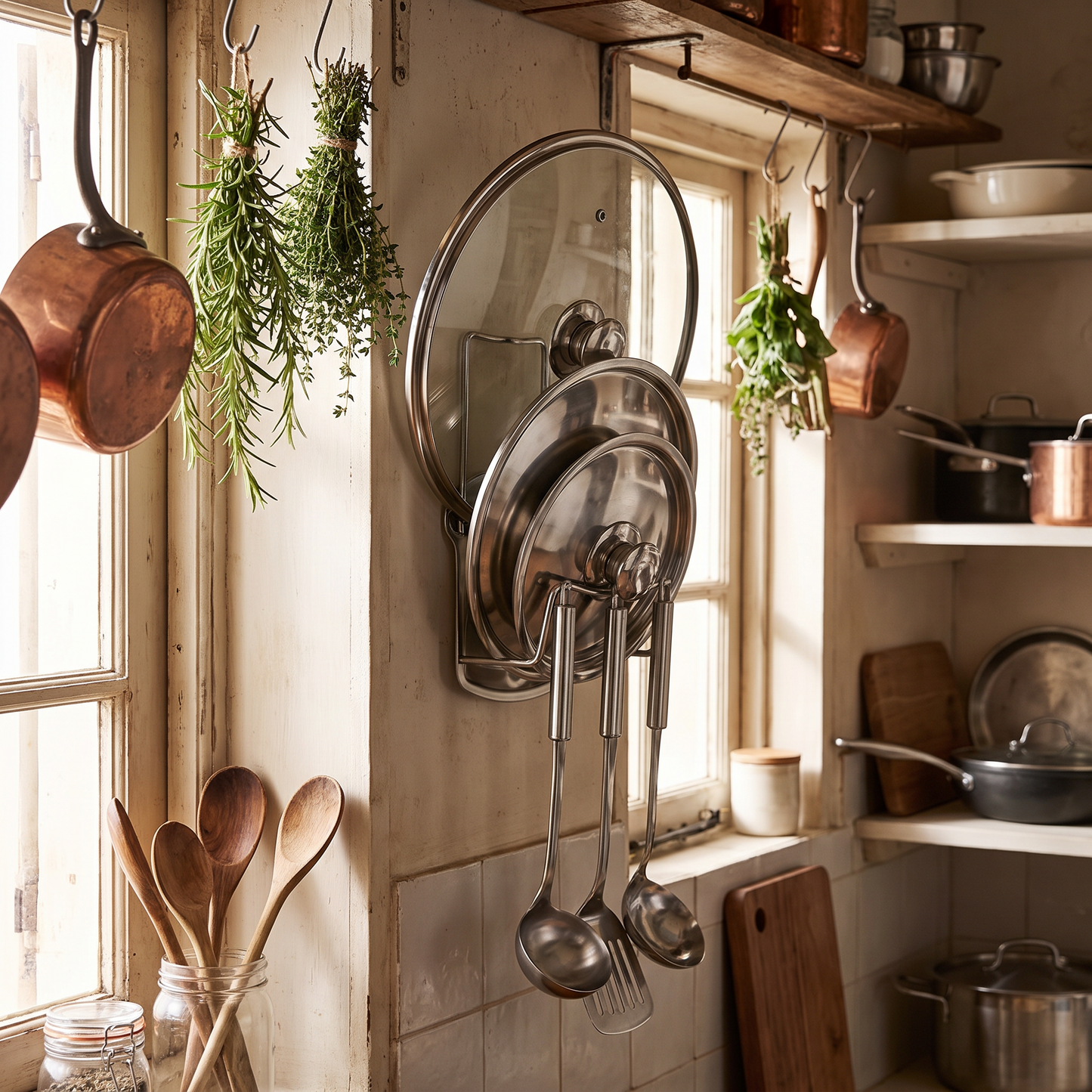 Pot lid organizer mounted on a kitchen wall