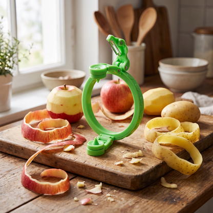 Peeler with spiral-cut apples on a board