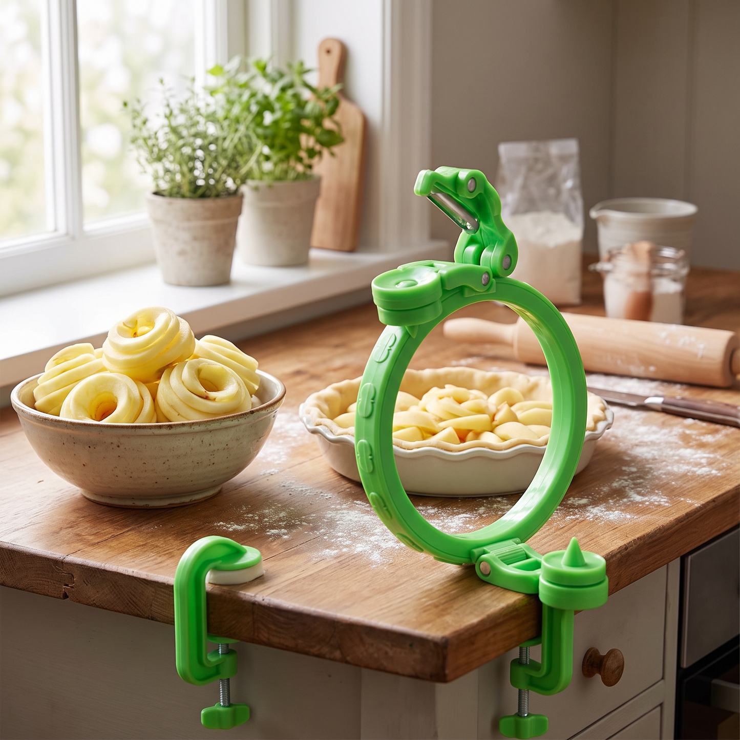 Peeler on a worktop with apple slices for a pie
