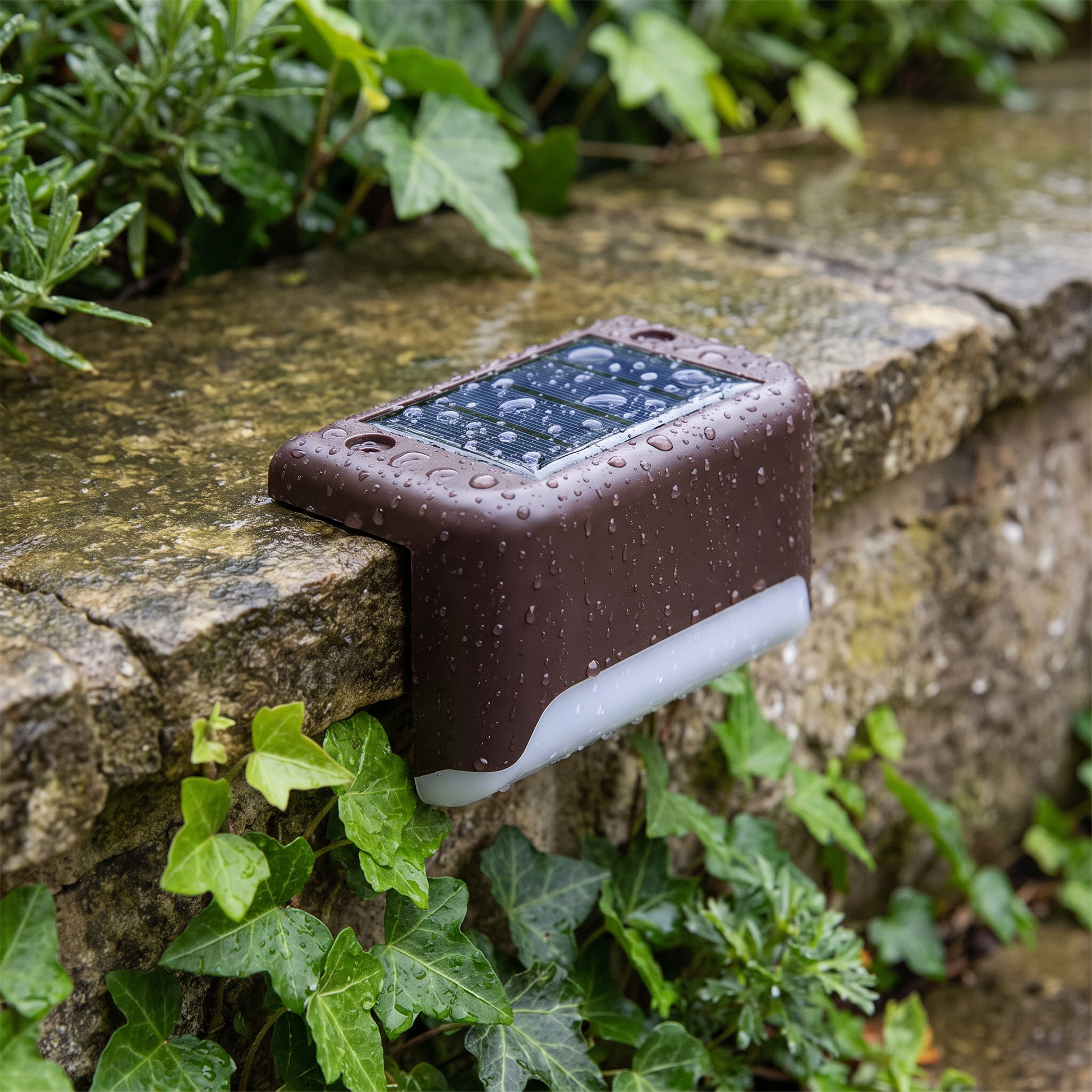 Weatherproof solar light with rain droplets