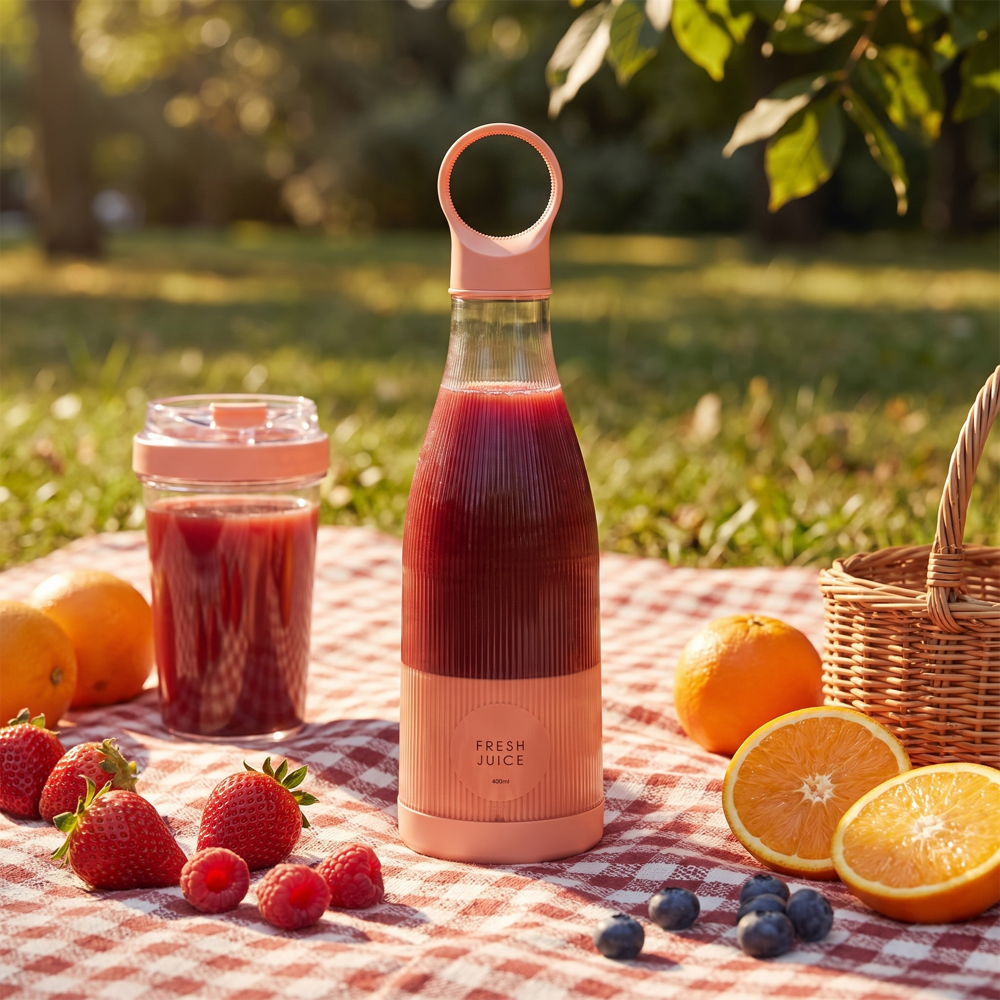 Portable blender on a picnic blanket