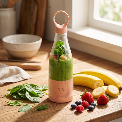 Portable blender making a green smoothie