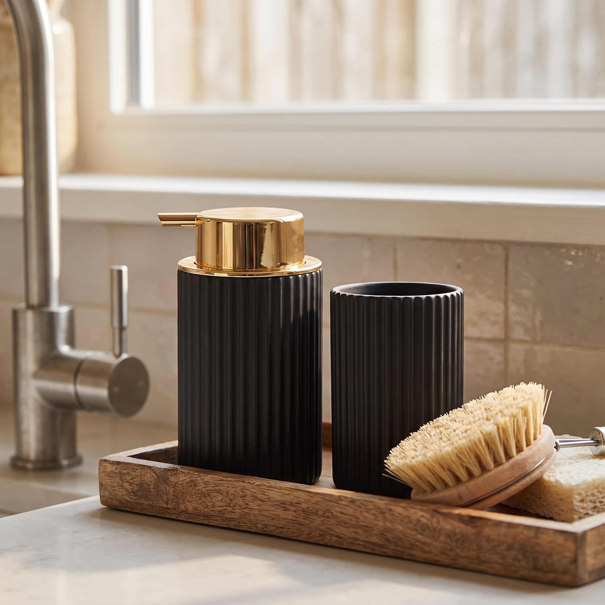 Soap dispenser on a wooden tray by the sink